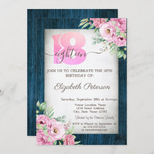 Rozen Navy Blue Wood 18th Birthday Invitation Kaart