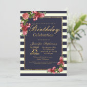 Rozen Navy Stripes and Gold Birthday Party Kaart (Staand voorkant)