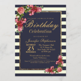 Rozen Navy Stripes and Gold Birthday Party Kaart
