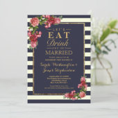 Rozen Navy Stripes and Gold Engagement Party Kaart (Staand voorkant)