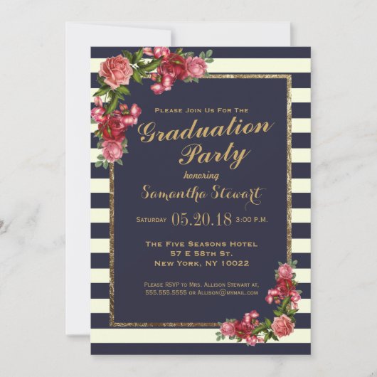 Rozen Navy Stripes and Gold Graduation Party Kaart (Voorkant)