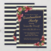 Rozen Navy Stripes and Gold Graduation Party Kaart (Voorkant / Achterkant)