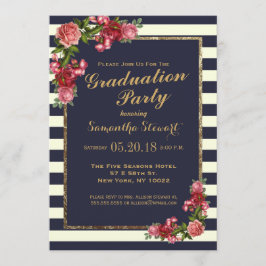 Rozen Navy Stripes and Gold Graduation Party Kaart
