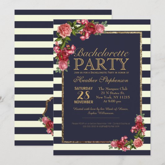 Rozen Navy Stripes en Gold Bachelorette Party Kaart (Voorkant / Achterkant)