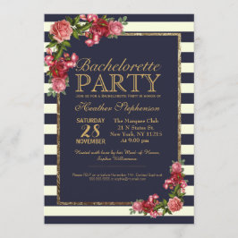 Rozen Navy Stripes en Gold Bachelorette Party Kaart