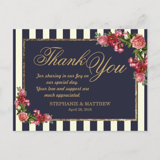 Rozen Navy Stripes en Gold Dank u Briefkaarten (Voorkant)