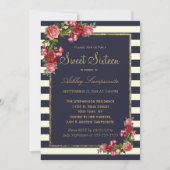 Rozen Navy Stripes en Gold Sweet 16 Kaart (Voorkant)