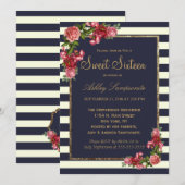 Rozen Navy Stripes en Gold Sweet 16 Kaart (Voorkant / Achterkant)