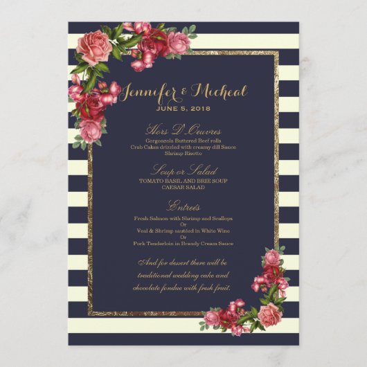 Rozen Navy Stripes en Gold Wedding Menu (Voorkant)