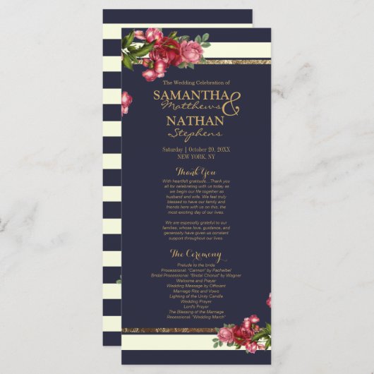 Rozen Navy Stripes en Gold Wedding Programma's (Voorkant / Achterkant)