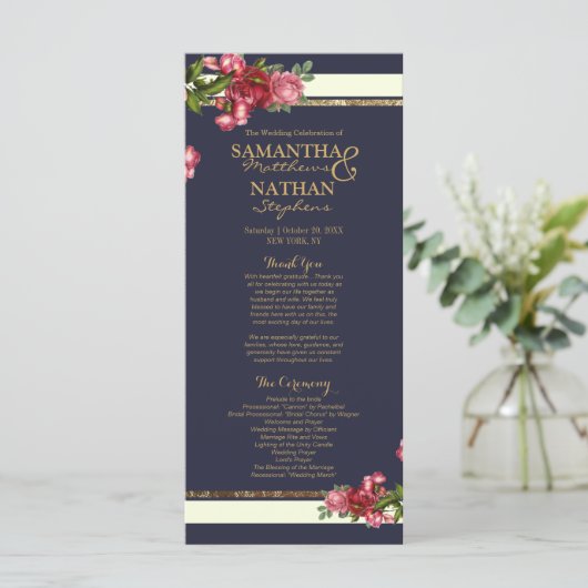 Rozen Navy Stripes en Gold Wedding Programma's (Staand voorkant)