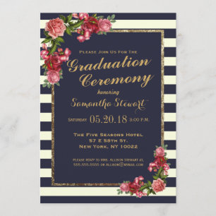 Rozen Navy Stripes en Gouden Afstuderen Ceremonie Kaart