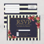 Rozen Navy Stripes en Gouden RSVP Briefkaarten (Voorkant / Achterkant)