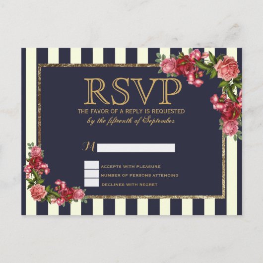 Rozen Navy Stripes en Gouden RSVP Briefkaarten (Voorkant)