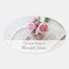 Rozen op 18e eeuwse pagina onderste fade boekenpla ovale sticker