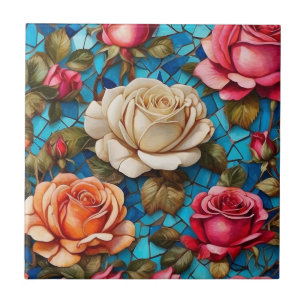  Rozen op blauwe mozaïek achtergrond Tegeltje