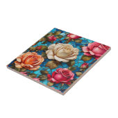 Rozen op blauwe mozaïek achtergrond Tegeltje (Zijkant)