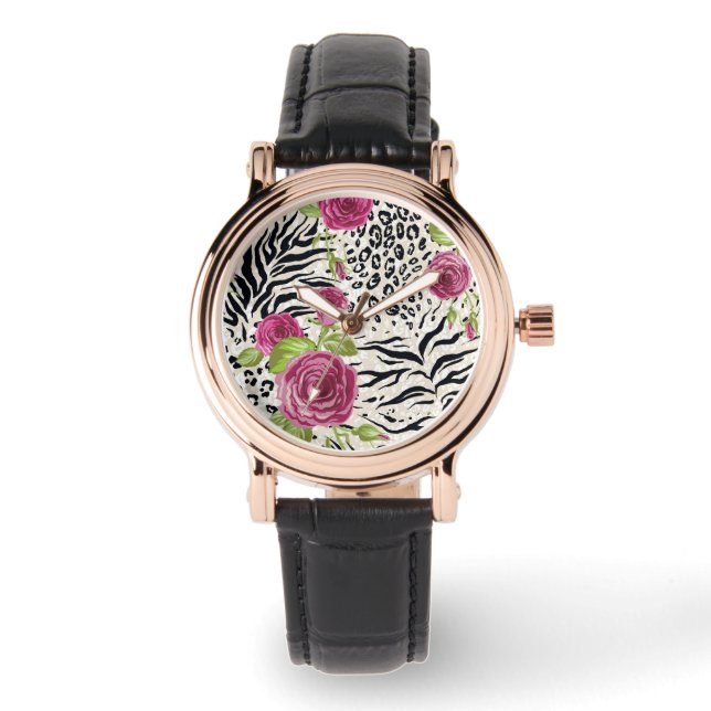 Rozen op dierpatronen horloge (Voorkant)