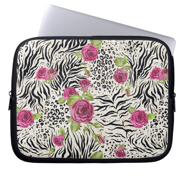 Rozen op dierpatronen laptop sleeve (Voorkant)