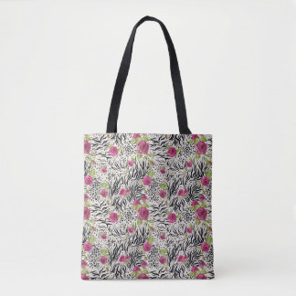 Rozen op dierpatronen tote bag