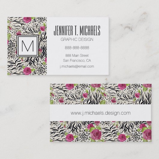 Rozen op dierpatronen visitekaartje (Voorkant / Achterkant)