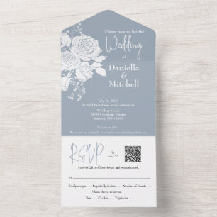 Rozen op Dusty Blue All in One Wedding Invite All In One Uitnodiging