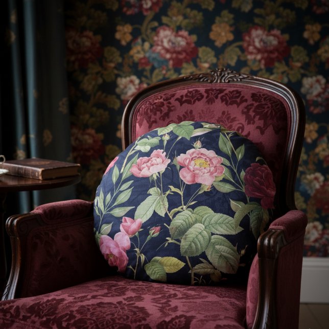  Rozen op een donkerblauw fluwelen design Rond Kussen (Creator heeft geüpload)