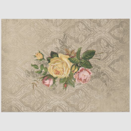 Rozen op Grungy Sepia Damask Tissuepapier (Voorkant)