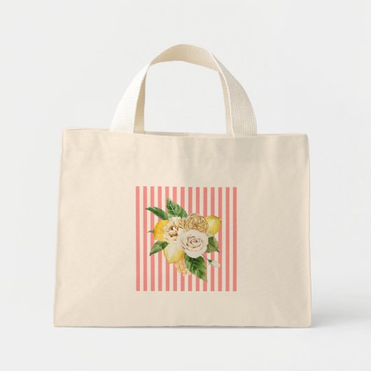 Rozen op koraalstrepen mini tote bag (Voorkant)