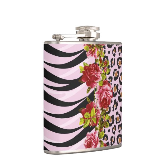 Rozen op luipaard en zebrastrips op roze heupfles (Rechts)
