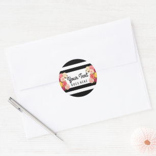 Rozen op moderne zwarte en witte strepen Chic Bloe Ronde Sticker