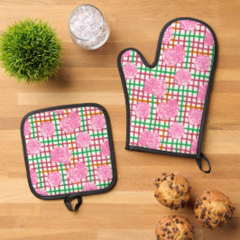 Rozen op Plaid Pattern - roze, groen Ovenwant & Pannenlap Set