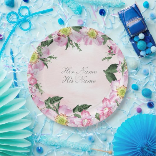 Rozen op roze achtergrond bruiloft papieren bordje (Feest)