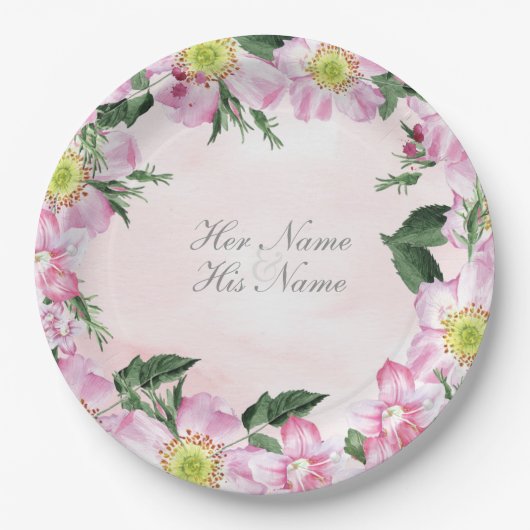 Rozen op roze achtergrond bruiloft papieren bordje (Voorkant)