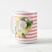 Rozen op roze strepen koffiemok (Voorkant links)