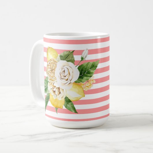 Rozen op roze strepen koffiemok (Voorkant links)