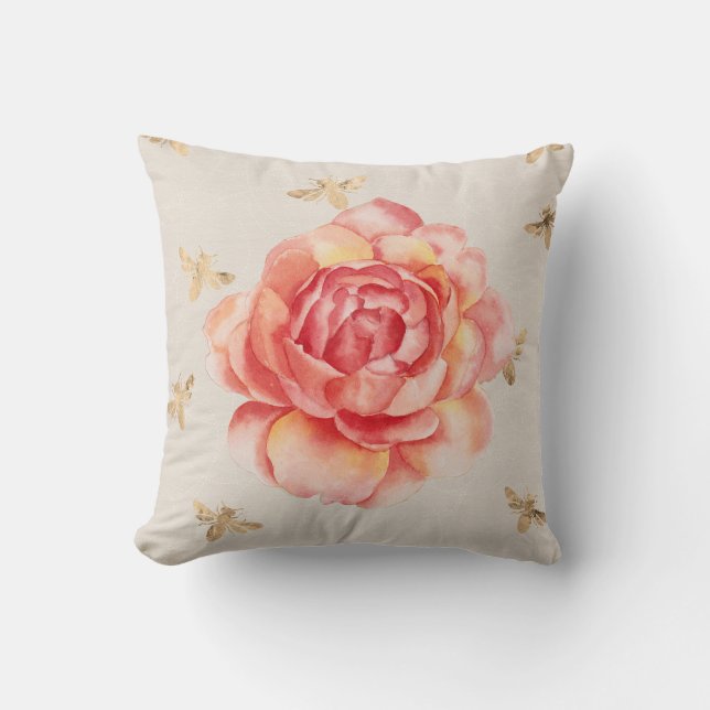 Rozen op wit met gouden bijen achtergrond kussen (Voorkant)