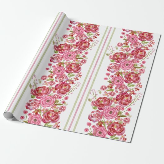 Rozen op witte en  bloemen en klassieke streep cadeaupapier (Uitgerold)
