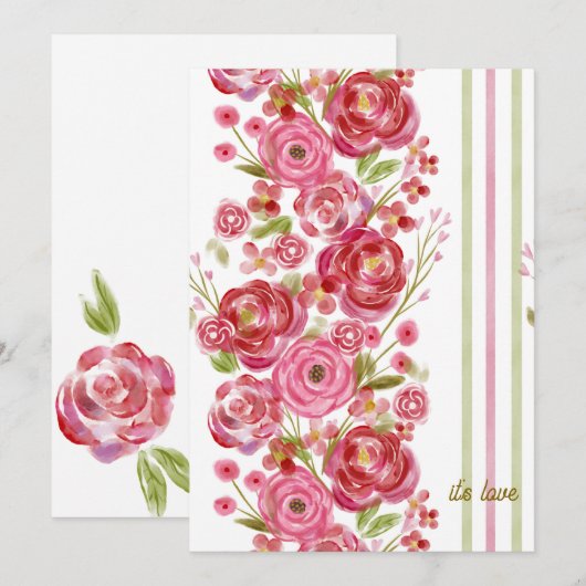 Rozen op witte en  bloemen en klassieke streep feestdagenkaart (Voorkant / Achterkant)