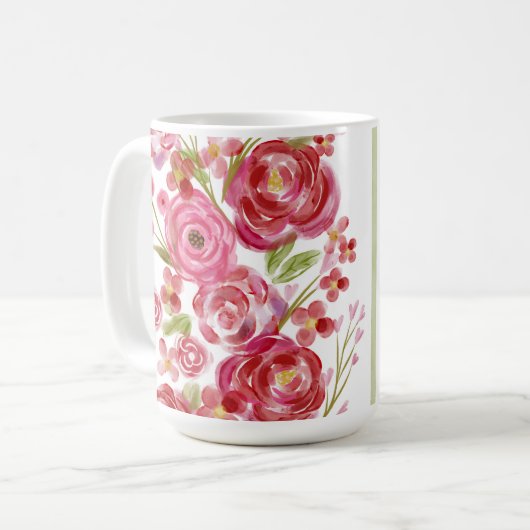 Rozen op witte en  bloemen en klassieke streep koffiemok (Voorkant links)