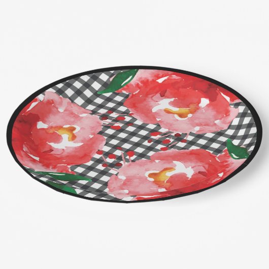 Rozen op zwart en wit Gingham Papieren Bordje (Gekanteld)