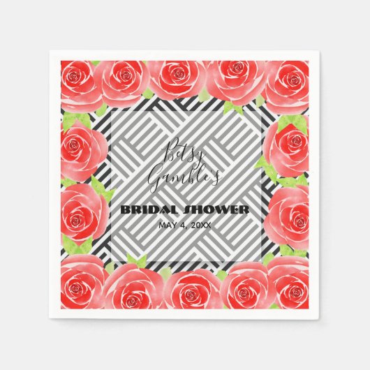 Rozen op zwarte en witte strepen Napkins Servet (Voorkant)