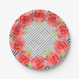 Rozen op zwarte en witte strepen papieren bordje