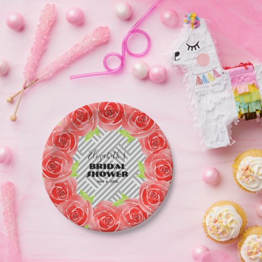 Rozen op Zwarte Witte Strepen Bruidsdiner Papieren Bordje (Feest)