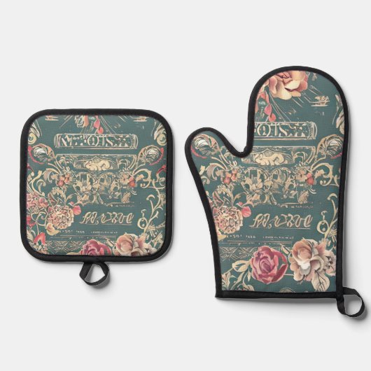Rozen ovenwanten en potholder set (Voorkant)