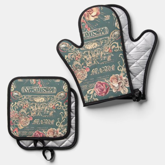 Rozen ovenwanten en potholder set (Voorkant / Achterkant)
