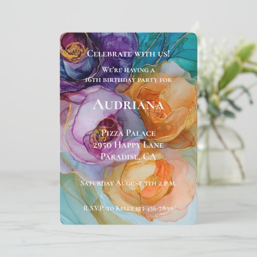 Rozen Paarse Roze Perzik Geel Bloemen Verjaardag Kaart (Staand voorkant)