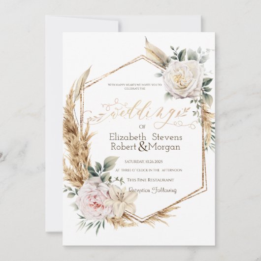 Rozen Pampas Grass Goud Lijst bruiloft Kaart (Voorkant)
