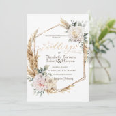 Rozen Pampas Grass Goud Lijst bruiloft Kaart (Staand voorkant)