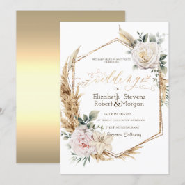 Rozen Pampas Grass Goud Lijst bruiloft Kaart